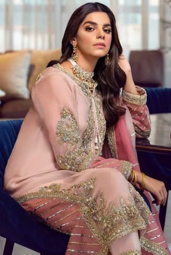 Aglow Light Peach Georgette Embroidery Sequence Salwar Suit