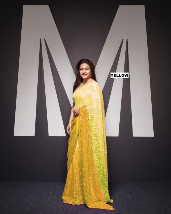 Artful Off Yellow Padding Georgette Double Run Sequins Work Saree