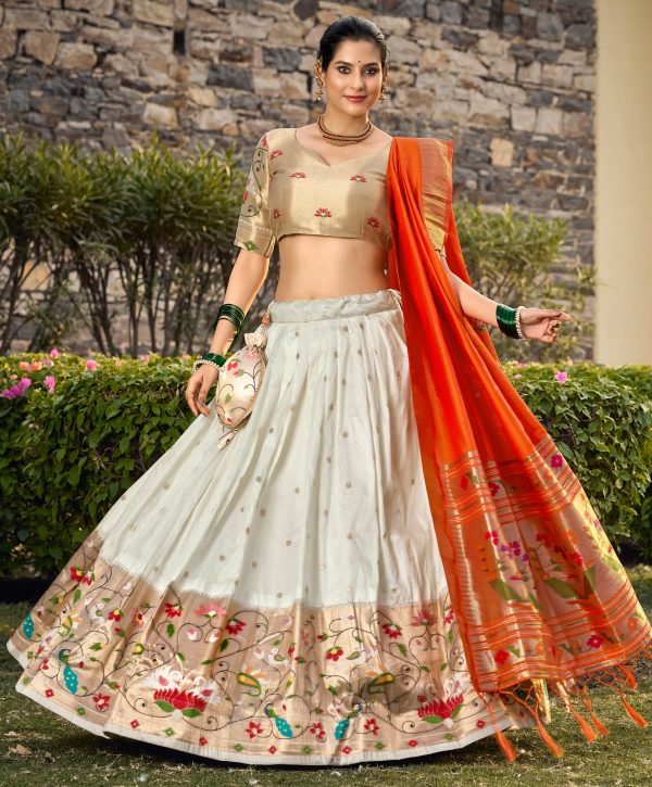 Artful White Color Jacquard Silk Weaving Zari Lehenga Choli