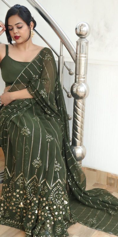 Beautiful Green Color Georgette Embroidery Sequence Saree