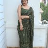 Green Georgette Embroidery Sequence Saree