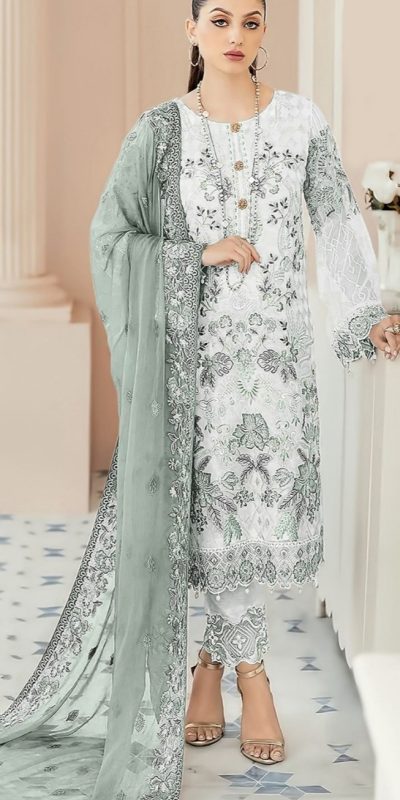 Classic White & Blue Color Georgette Embroidery Salwar Suit
