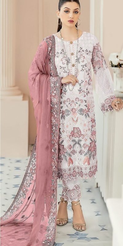 Classic White & Peach Color Georgette Embroidery Salwar Suit