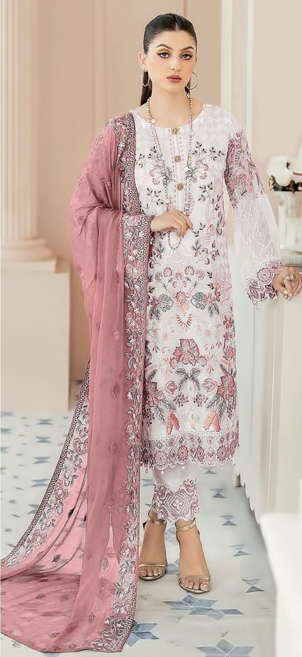 Classic White & Peach Color Georgette Embroidery Salwar Suit