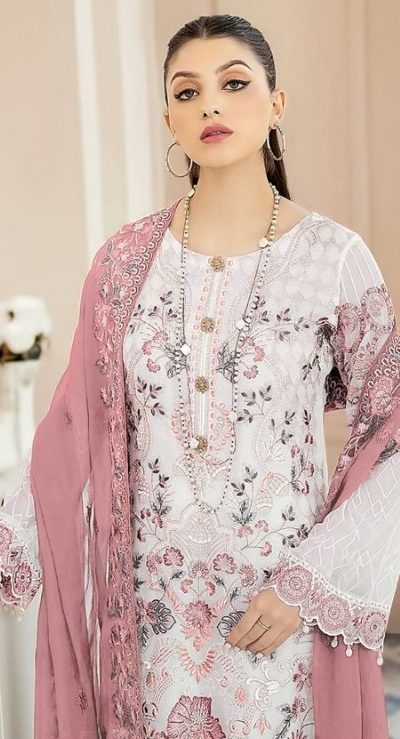 Classic White & Peach Color Georgette Embroidery Salwar Suit