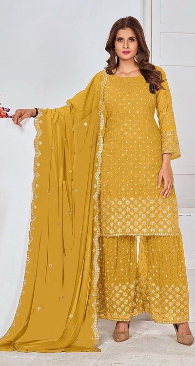 Cute Yellow Color Georgette Embroidery Stone Sharara Suit