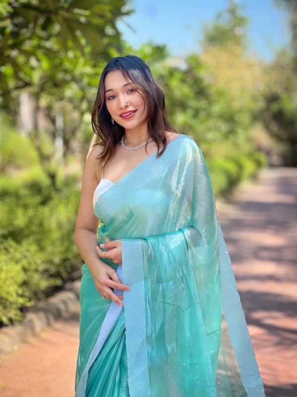 Fancy Sea Green Color Burberry Silk Diamond Sequins Saree