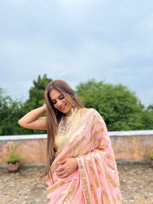 Glamorous Pink Color Georgette Embroidery Sequence Saree
