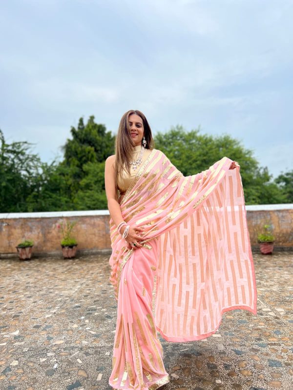 Glamorous Pink Color Georgette Embroidery Sequence Saree