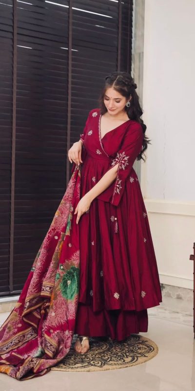 Grand Maroon Color Chinnon Silk Embroidery Work Salwar Suit