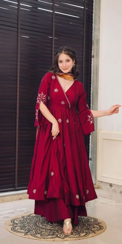 Grand Maroon Color Chinnon Silk Embroidery Work Salwar Suit
