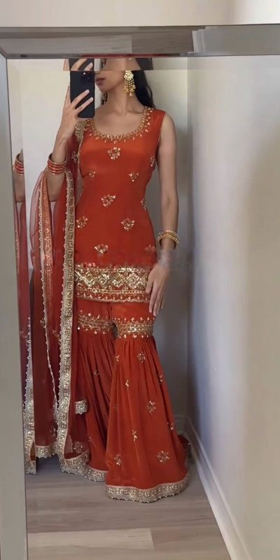 Luminous Brown Color Georgette Embroidery Sequence Salwar Suit