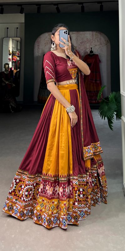 Majestic Mustard Color Rayon Printed Silk Work Lehenga Choli