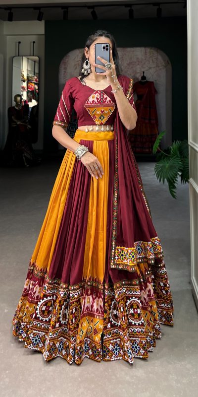 Majestic Mustard Color Rayon Printed Silk Work Lehenga Choli