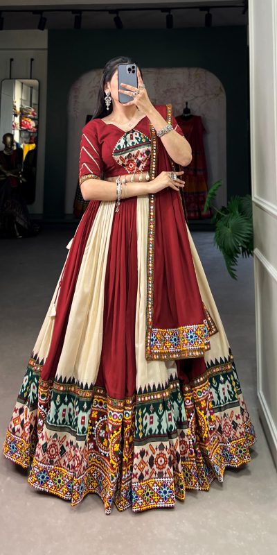 Majestic Off White Color Rayon Printed Silk Work Lehenga Choli