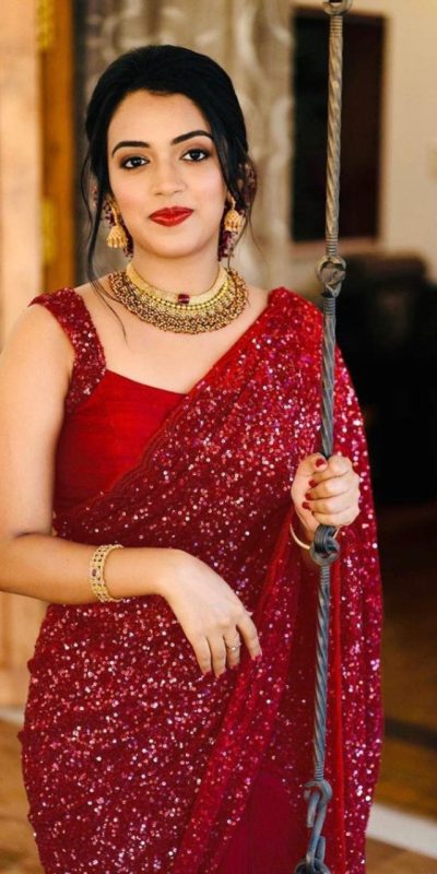 Mystical Red Color Georgette Fancy Sequence Embroidery Saree