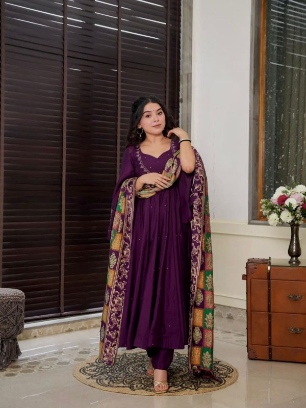 Peaceful Purple Color Chinnon Silk Embroidery Work Salwar Suit