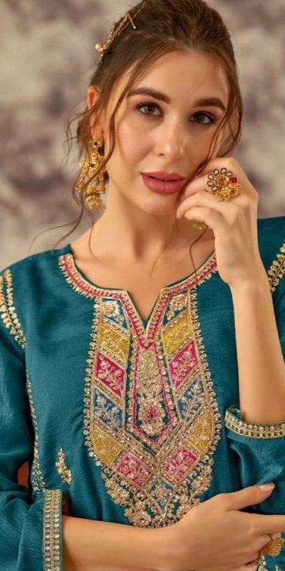 Pretty Blue Vichitra Embroidery Codding Sequence Salwar Suit