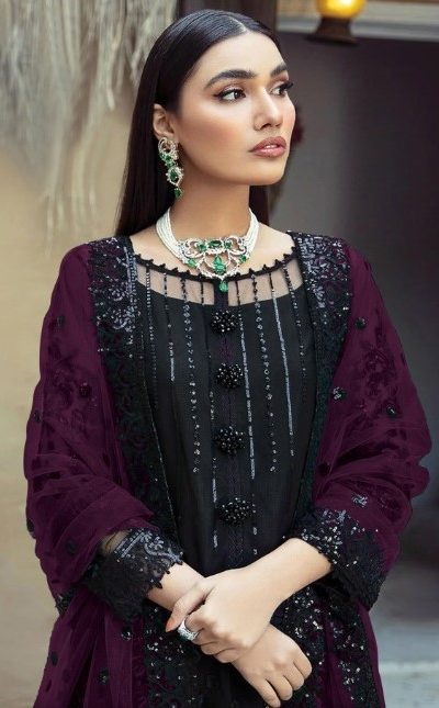 Special Black & Purple Georgette Embroidery Work Salwar Suit