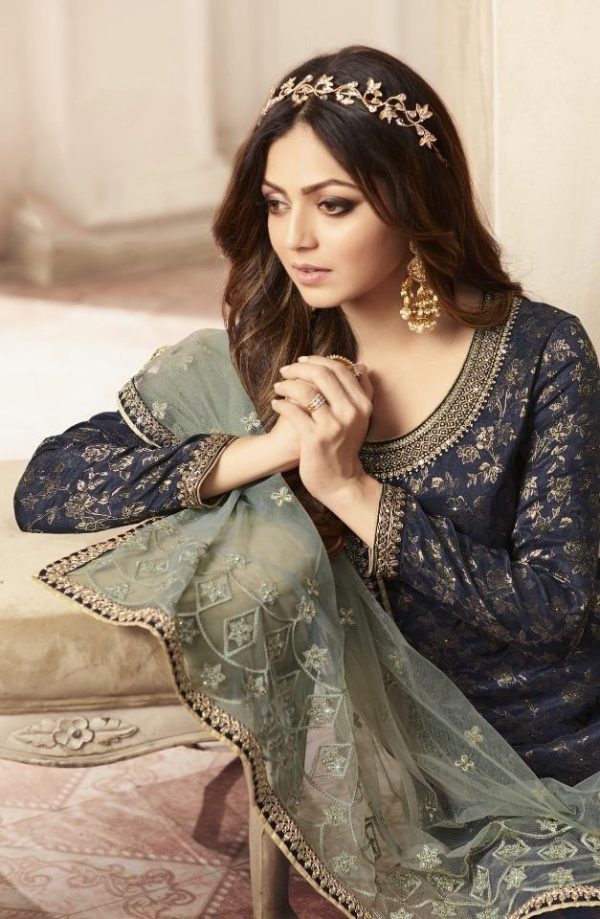 Special Blue Color Jacquard Silk Georgette Diamond Sharara Suit