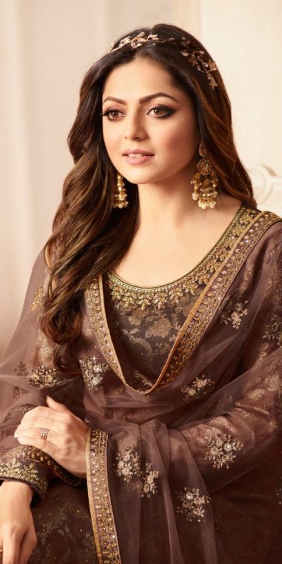 Special Coffee Color Jacquard Silk Georgette Diamond Sharara Suit