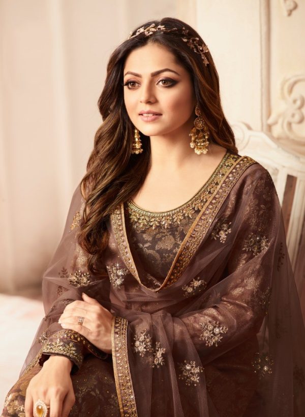 Special Coffee Color Jacquard Silk Georgette Diamond Sharara Suit