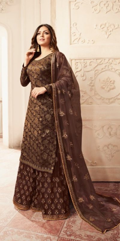 Special Coffee Color Jacquard Silk Georgette Diamond Sharara Suit