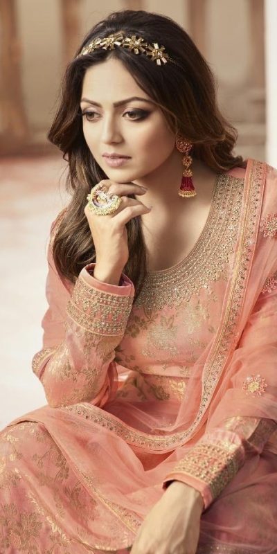 Special Peach Color Jacquard Silk Georgette Diamond Sharara Suit