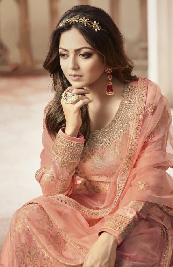 Special Peach Color Jacquard Silk Georgette Diamond Sharara Suit