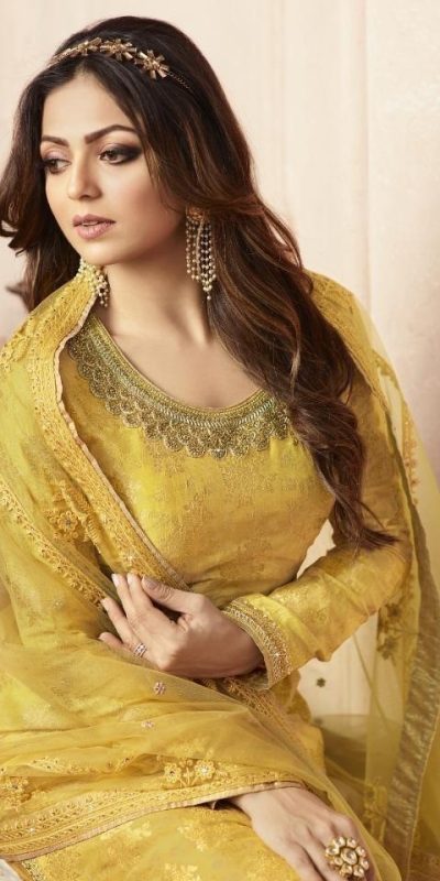 Special Yellow Color Jacquard Silk Georgette Diamond Sharara Suit
