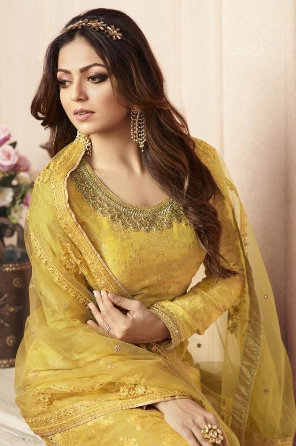 Special Yellow Color Jacquard Silk Georgette Diamond Sharara Suit