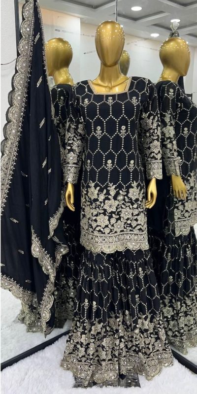 Stylish Black Color Chinnon Silk Embroidery Work Sharara Suit