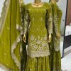 Stylish Green Color Chinnon Silk Embroidery Work Sharara Suit