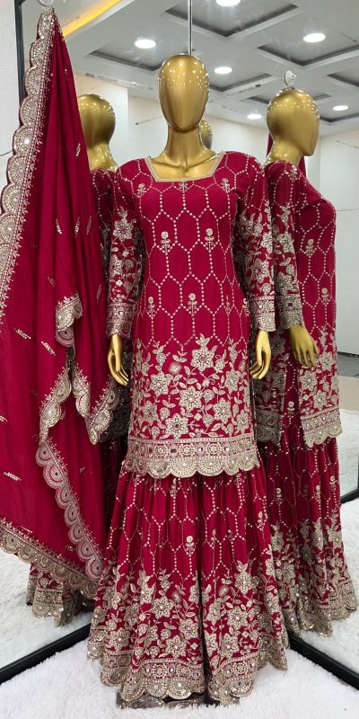 Stylish Red Color Chinnon Silk Embroidery Work Sharara Suit