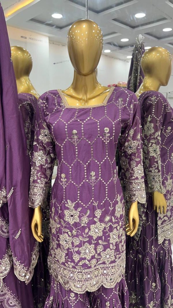 Stylish Violet Color Chinnon Silk Embroidery Work Sharara Suit