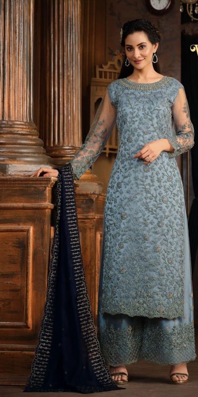 Superb Blue Heavy Net Coding Sequence Embroidery Salwar Suit