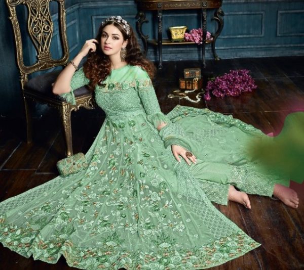Superb Pista Green Color Net With Embroidery Stone Salwar Suit