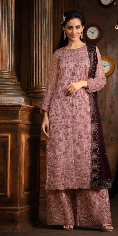 Superb Purple Heavy Net Coding Sequence Embroidery Salwar Suit