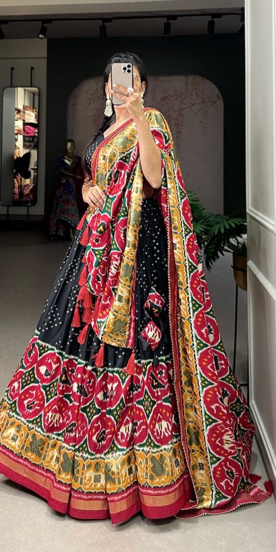 LNB 1684 Black Color Tussar Silk Patola Printed Lehenga Cho Festive Party Wedding, Events etc. Delivery 4-6 Working Days @2549/- | Lehenga, Bollywood Lehenga, Creative Lehenga, Designer Lehenga, Embroidered Lehenga, Party Wear Lehenga
