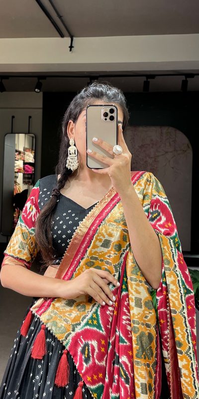 LNB 1684 Black Color Tussar Silk Patola Printed Lehenga Cho Festive Party Wedding, Events etc. Delivery 4-6 Working Days @2549/- | Lehenga, Bollywood Lehenga, Creative Lehenga, Designer Lehenga, Embroidered Lehenga, Party Wear Lehenga