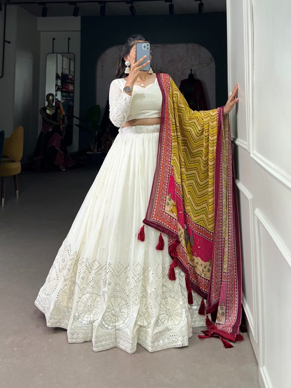 LNB 1500 White Color Georgette Lucknowi Paper Mirror Lehenga Choli Festive Party Wedding, Events etc. Delivery 4-6 Working Days @3499/- | Lehenga, Bollywood Lehenga, Creative Lehenga, Designer Lehenga, Embroidered Lehenga, Party Wear Lehenga