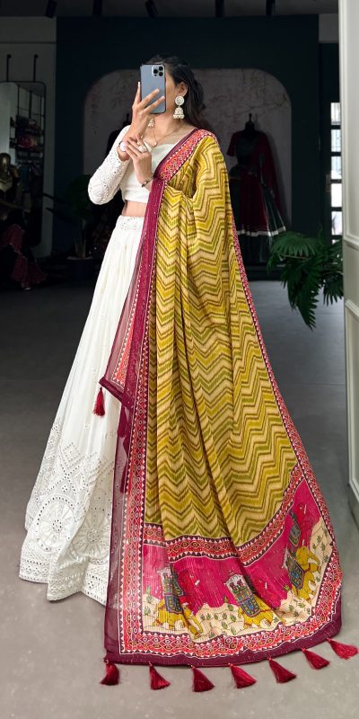 LNB 1500 White Color Georgette Lucknowi Paper Mirror Lehenga Choli Festive Party Wedding, Events etc. Delivery 4-6 Working Days @3499/- | Lehenga, Bollywood Lehenga, Creative Lehenga, Designer Lehenga, Embroidered Lehenga, Party Wear Lehenga