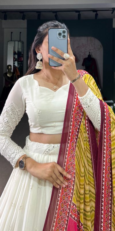 LNB 1500 White Color Georgette Lucknowi Paper Mirror Lehenga Choli Festive Party Wedding, Events etc. Delivery 4-6 Working Days @3499/- | Lehenga, Bollywood Lehenga, Creative Lehenga, Designer Lehenga, Embroidered Lehenga, Party Wear Lehenga
