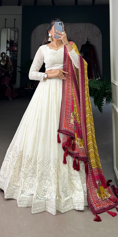 LNB 1500 White Color Georgette Lucknowi Paper Mirror Lehenga Choli Festive Party Wedding, Events etc. Delivery 4-6 Working Days @3499/- | Lehenga, Bollywood Lehenga, Creative Lehenga, Designer Lehenga, Embroidered Lehenga, Party Wear Lehenga