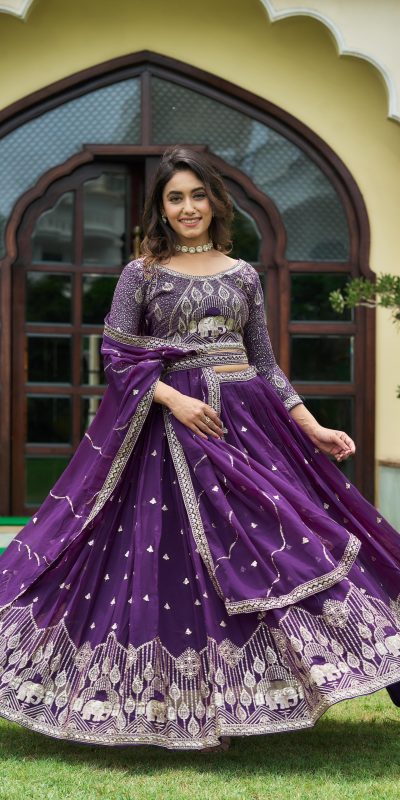 Aglow Violet Color Embroidery Georgette Sequence Lehenga Choli