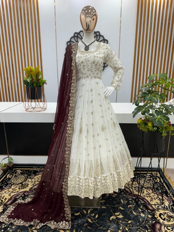 Aglow White Color Georgette Embroidery Sequence Gown