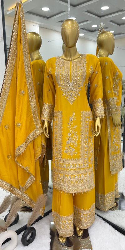 Fancy Yellow Chinnon Silk Embroidery Coding Dori Salwar Suit