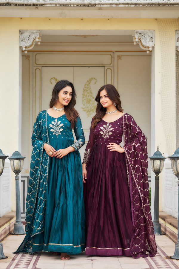 Majestic Blue Color Rangoli Sequence Embroidery Gown