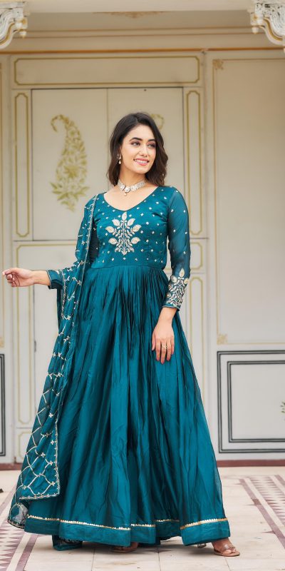 Majestic Blue Color Rangoli Sequence Embroidery Gown