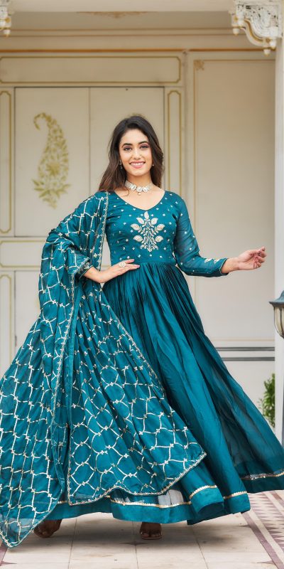 Majestic Blue Color Rangoli Sequence Embroidery Gown